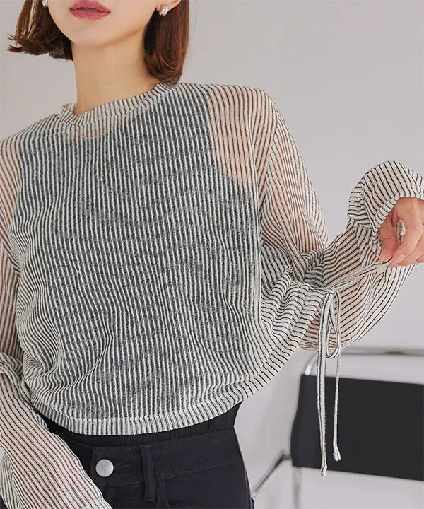 ストライプシアーカットソードロストサイドリボントップス [C7269