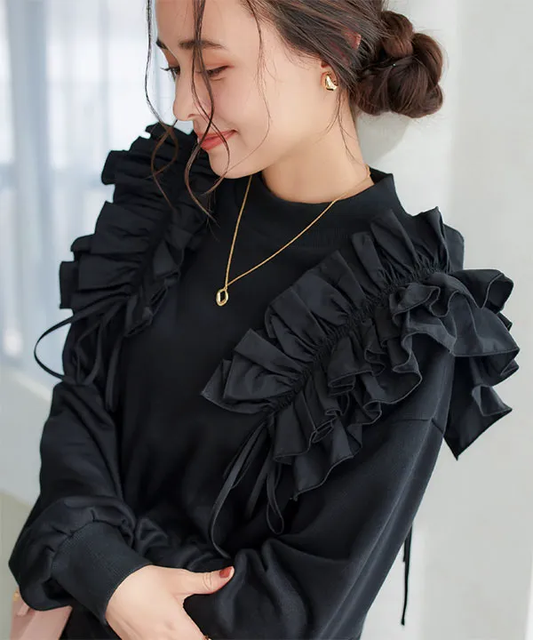 aです! maddie vintageフリル付き背中開きトップス黒 フリルギャザー