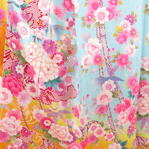 振袖 正絹 3点セット【着物 長襦袢 袋帯】銀通し アクアブルー 牡丹に