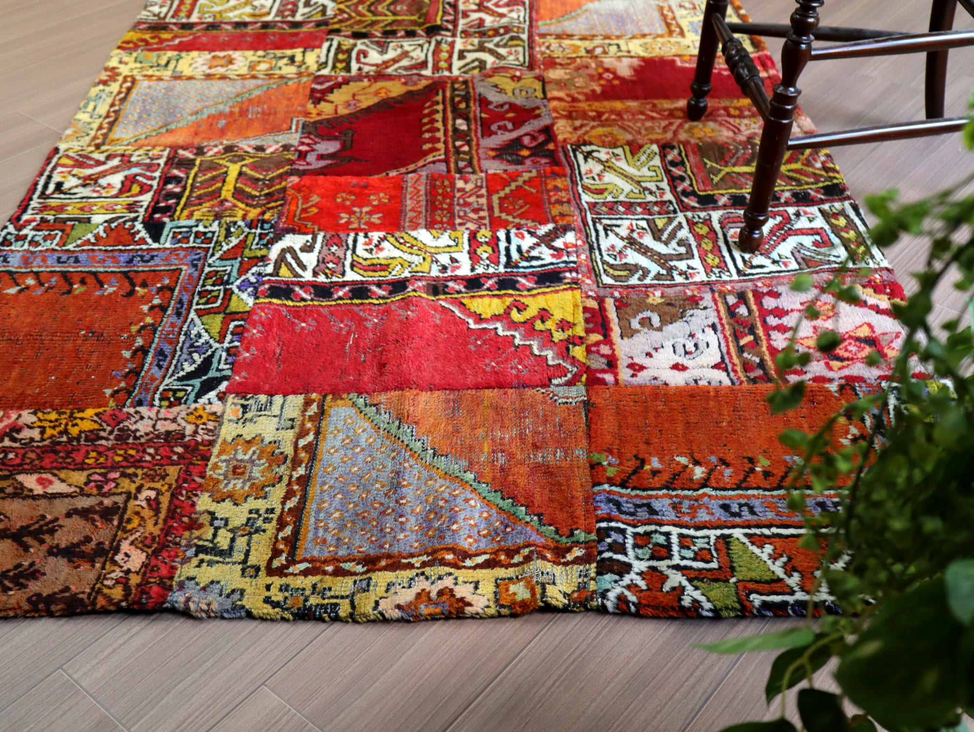 91×191優しいオレンジカラー パッチワーク トルコヴィンテージラグ 91