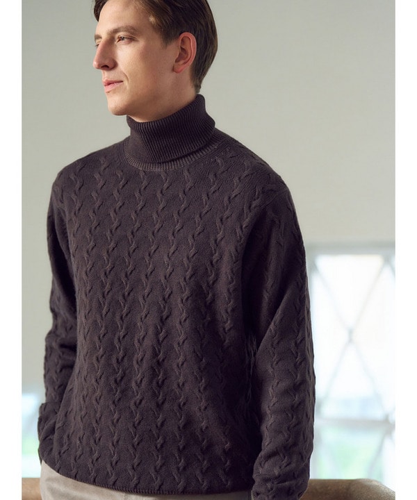 5ゲージスノー加工ケーブルタートルネックセーター｜メンズ