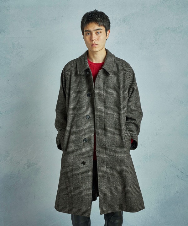 グレンチェックウール ステンカラーコート｜メンズファッション通販