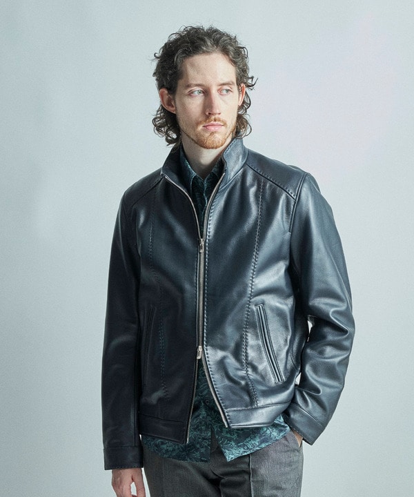 スタンドカラーシングルライダース ラムレザージャケット｜メンズ