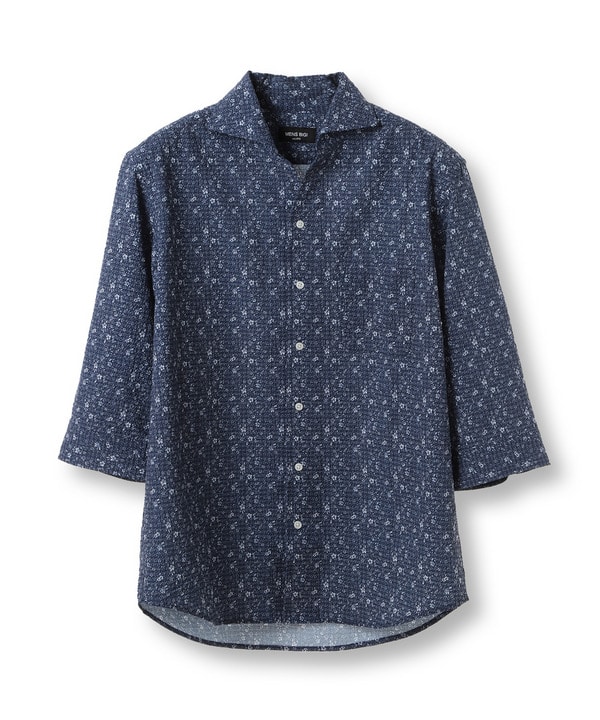 エアリーサッカー千鳥フラワープリント七分袖シャツ〈イージーケア