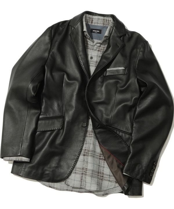 メンズビギ[羊革 XLサイズ]レザーテーラードジャケット 2way チェック