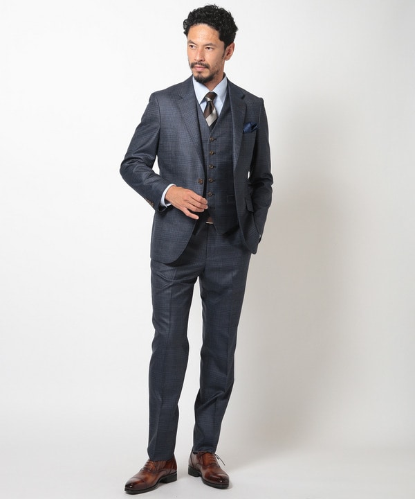 ブライトインディゴ調チェックストレッチスーツセットアップ＜同素材