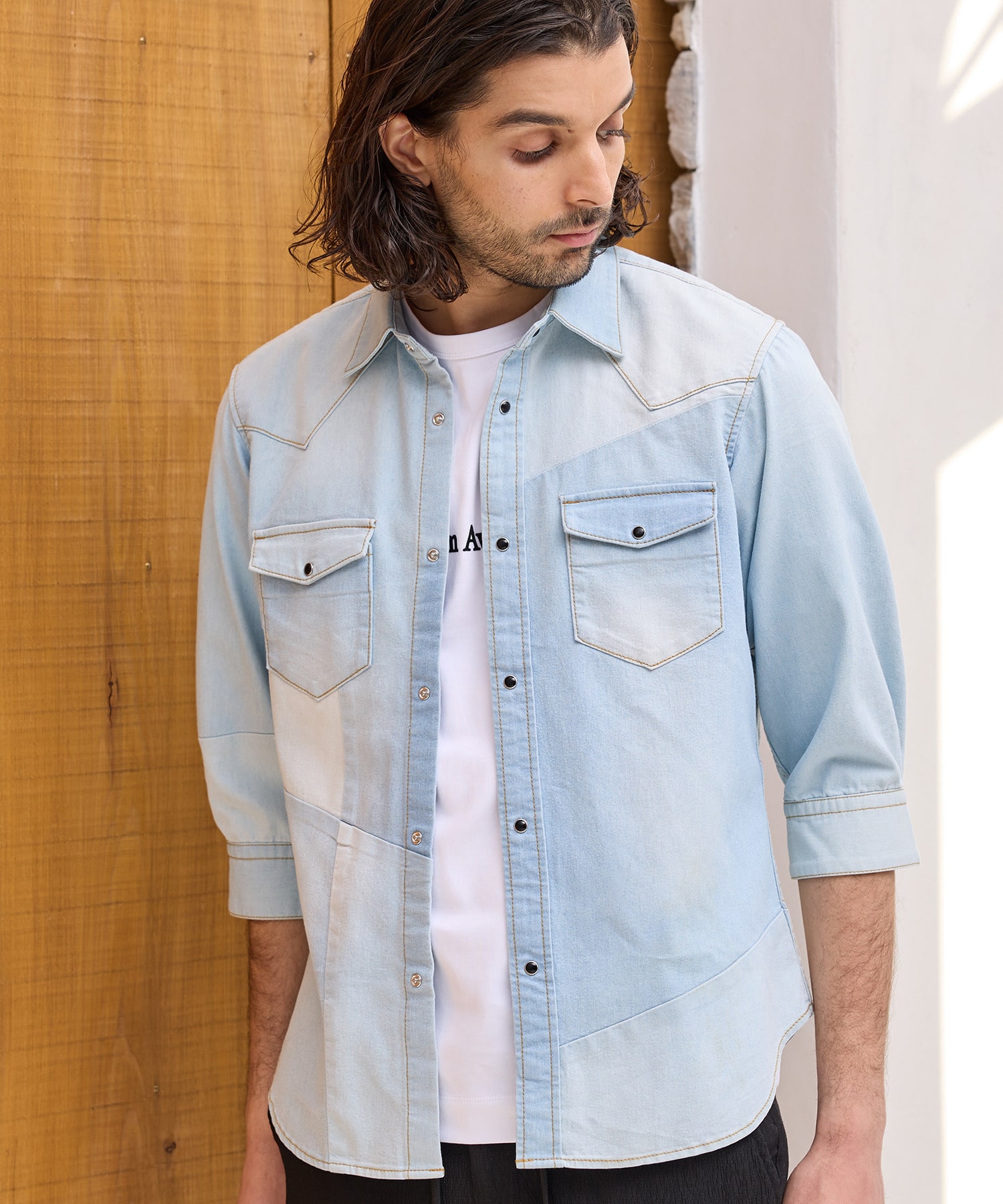 デニムパッチワーク7分袖ウエスタンシャツ｜メンズファッション通販