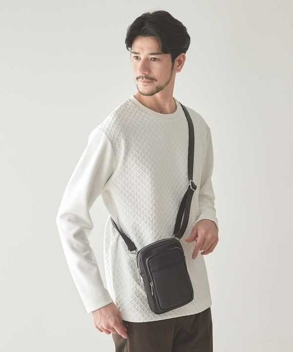 メタルZIP仕様 サフィアーノフェイクレザー 縦型 ミニショルダーバッグ