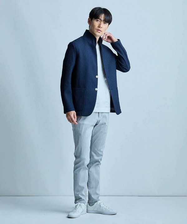 ワッフルニットジャガード スタンドカラージャケット｜メンズ