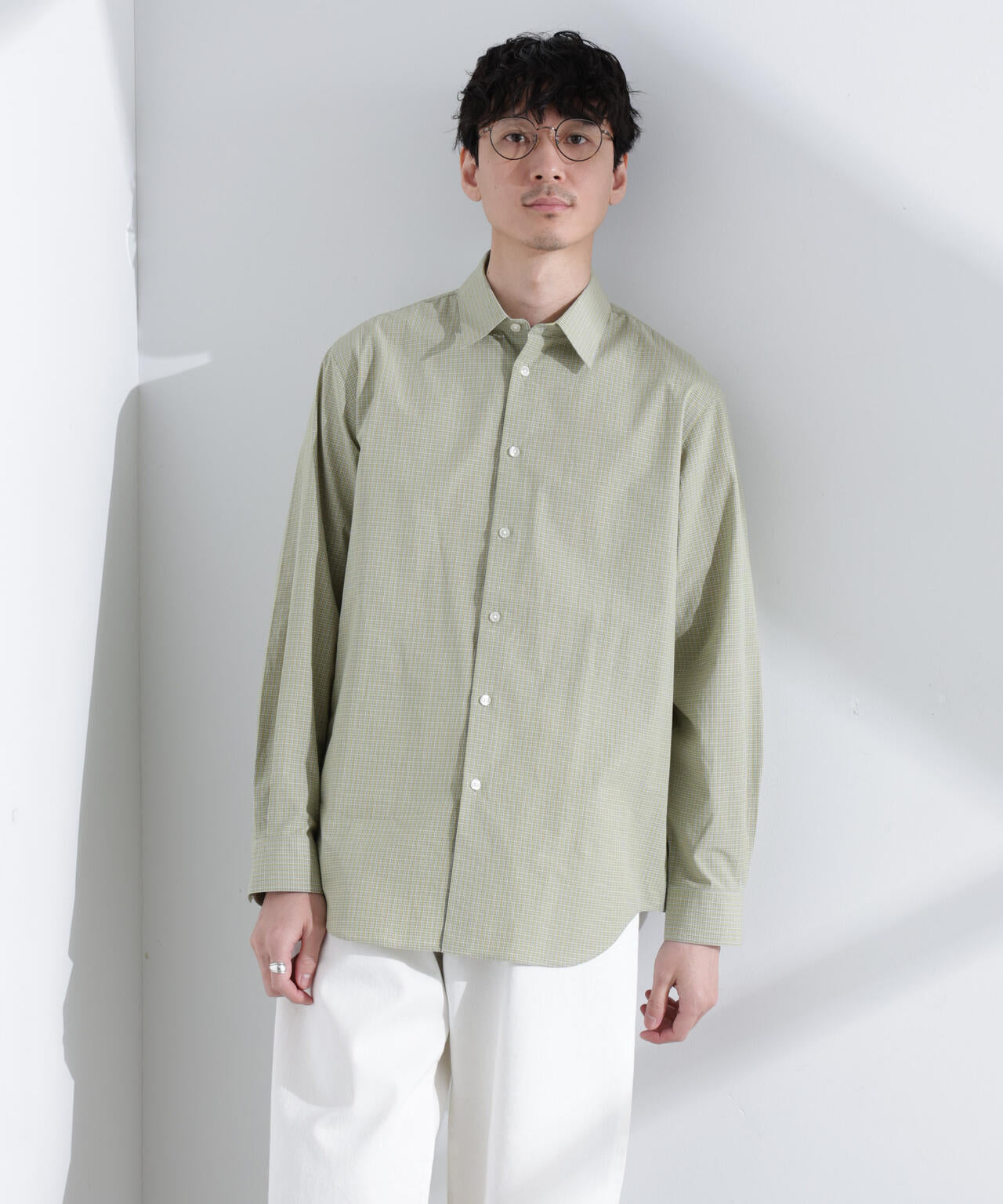 タイプライターチェックステンカラーシャツ 長袖