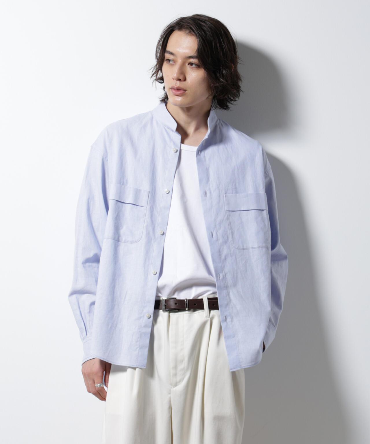 BELGIUM LINEN FABRICS」リネンコットンスタンドカラーシャツ