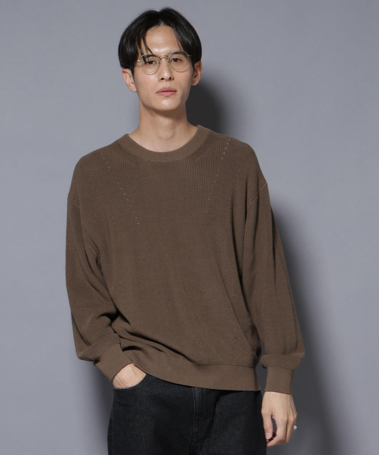 マーセライズコットン 畦クルーネックニット