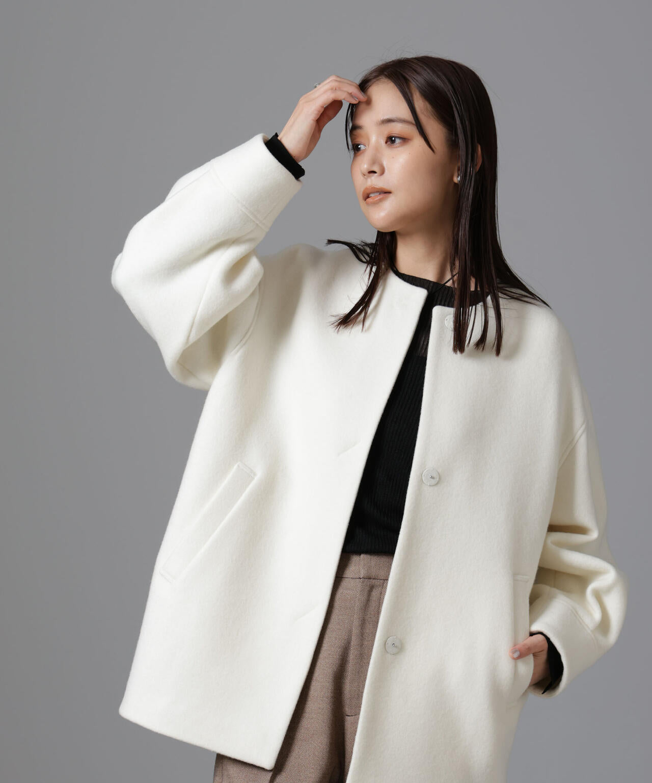 PECOLAMB ウール カシミヤ ノーカラー ミドル丈コート