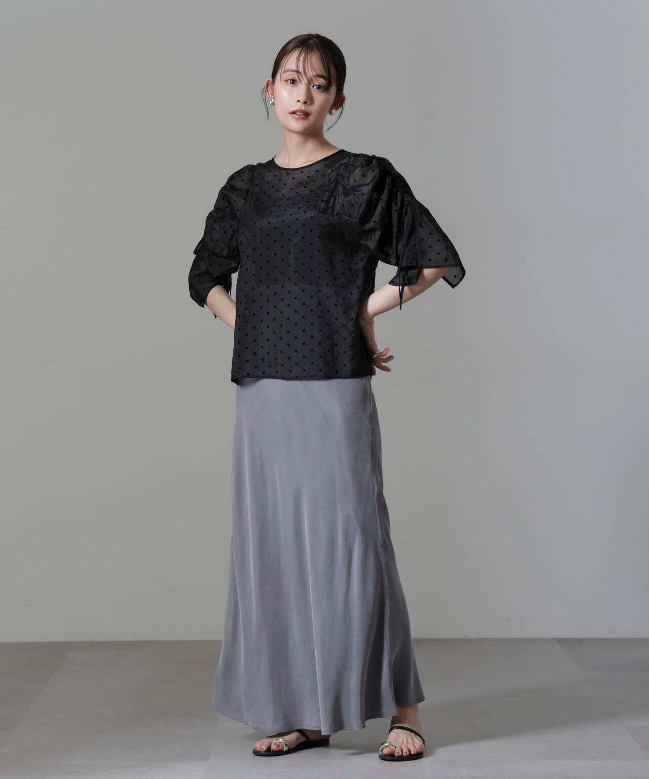 フロッキー ドット リボン スリーブ ブラウス