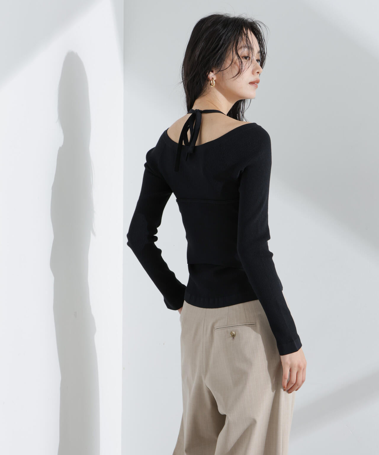 ホルターネック キャミ付き リブ トップス