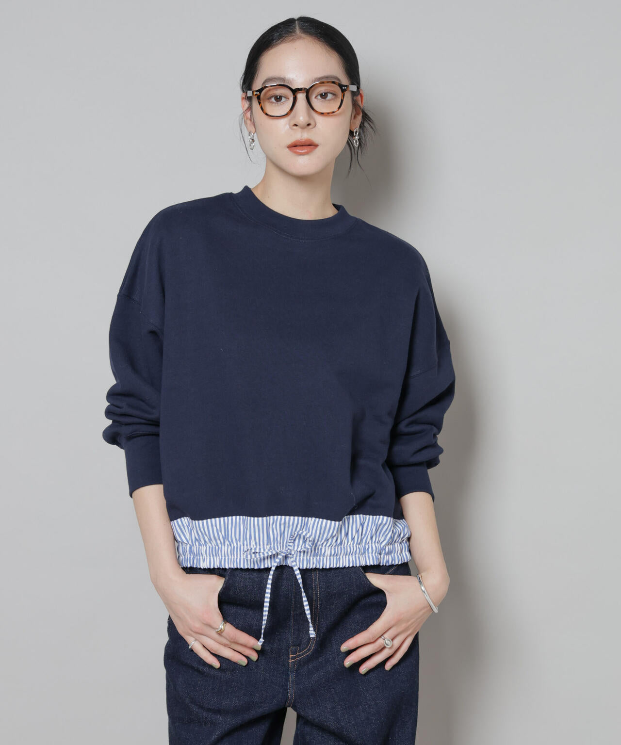 ブロード 切替 クルーネック 裏毛 トップス