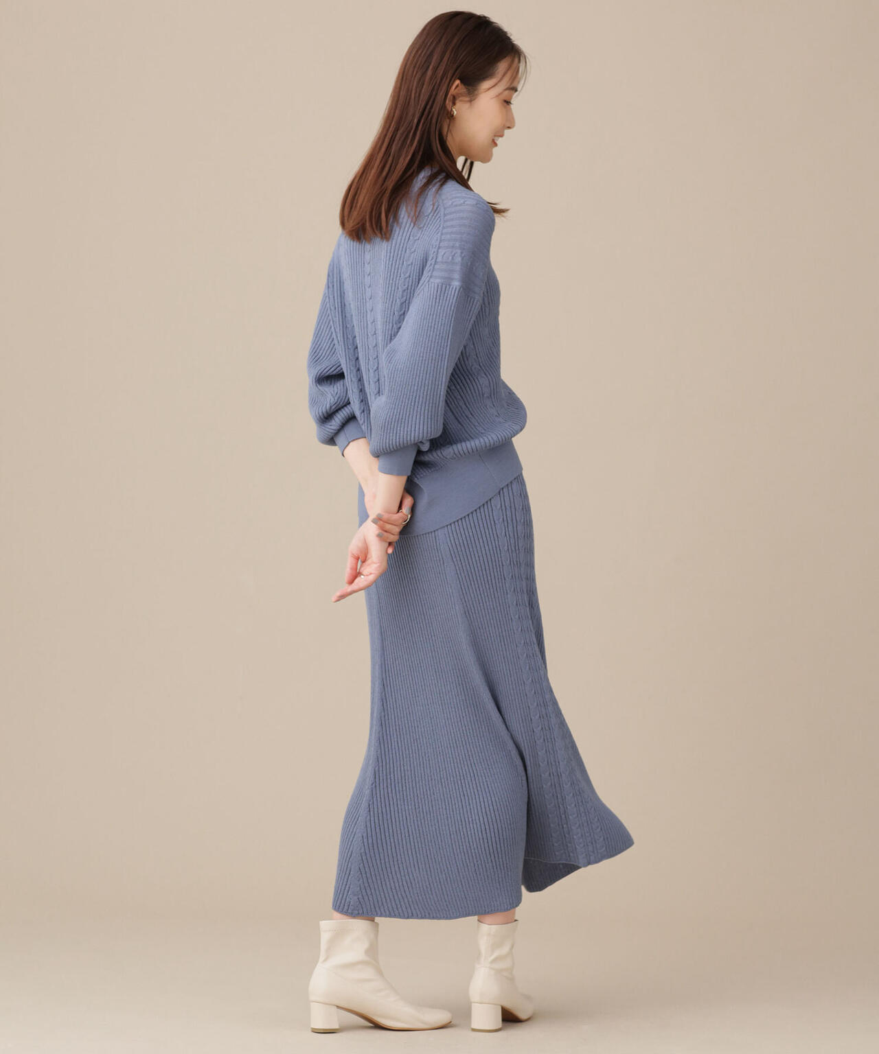 毛玉レスニット リブケーブルフレアスカート