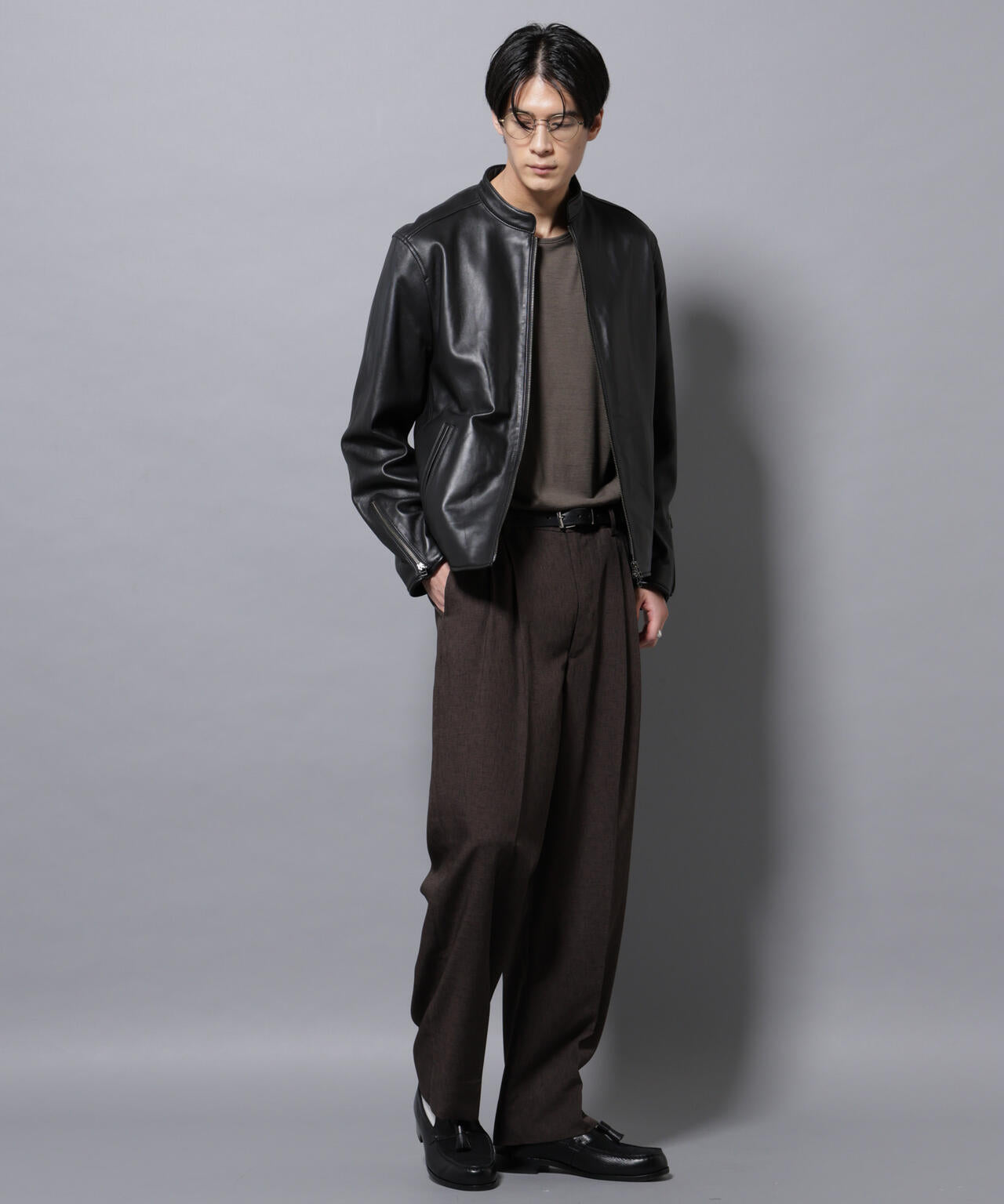 バンドカラー レザー シングルライダースジャケット