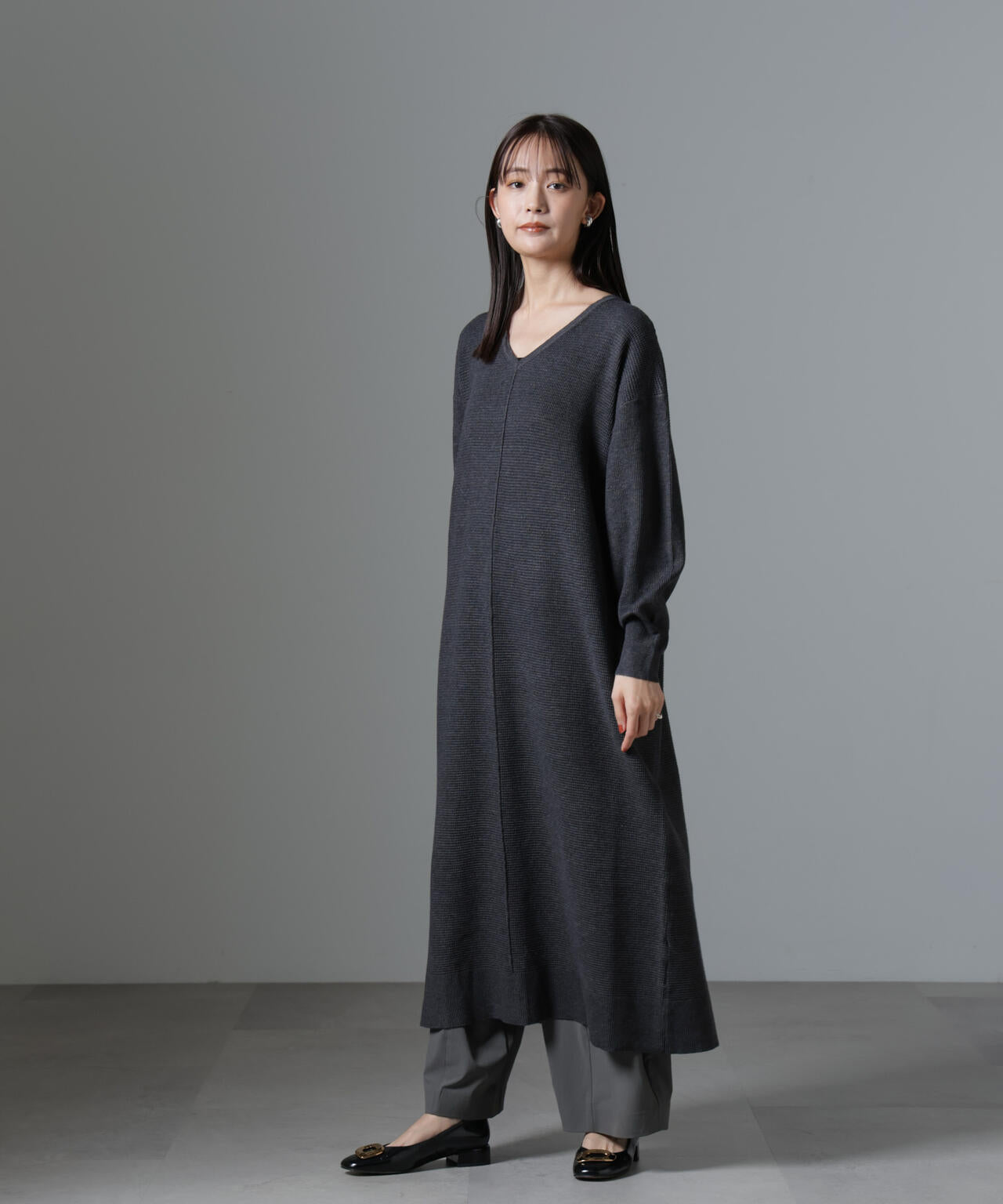 ワッフル畦 Vネック ニット ワンピース