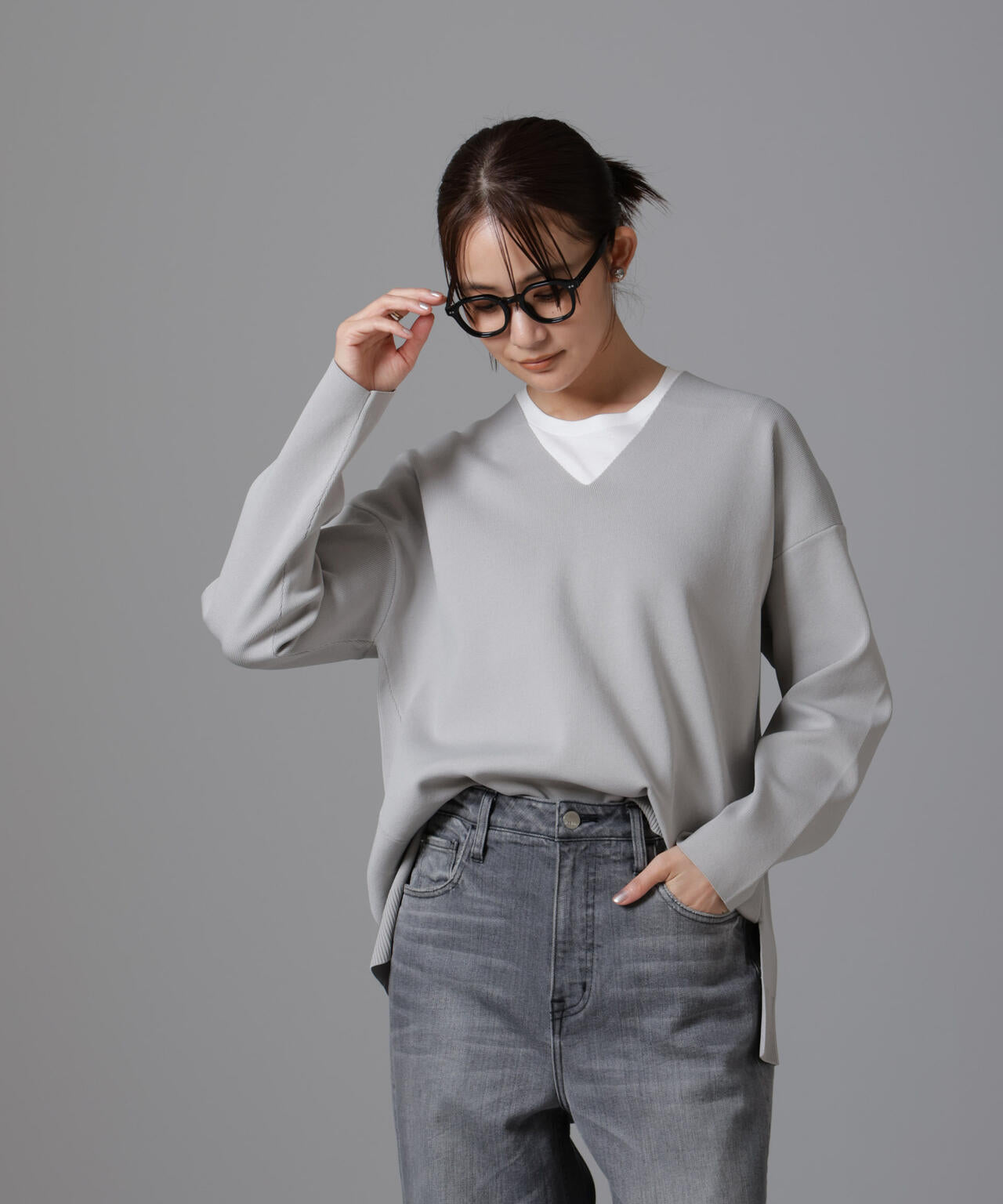 洗濯機 洗い可 軽量 サイド スリット Vネック ニット