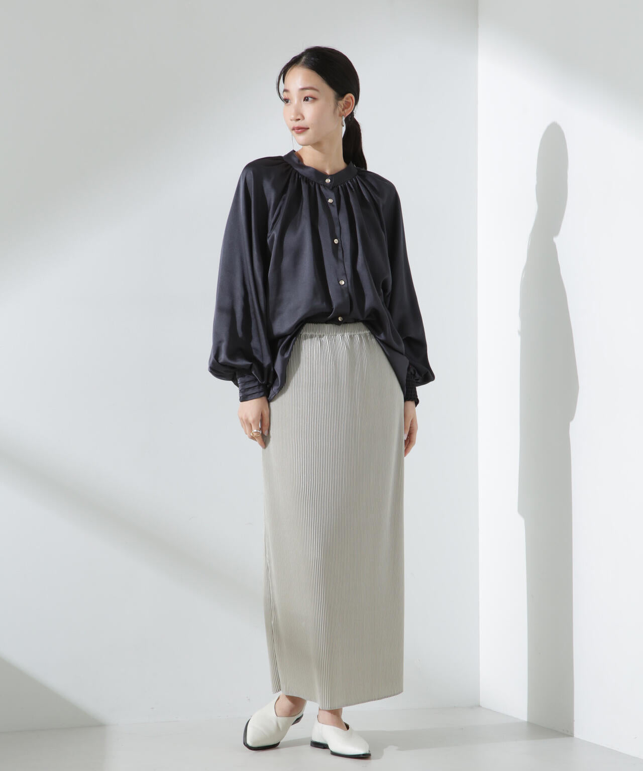 前後2WAY サテンドルマン ギャザー ブラウス