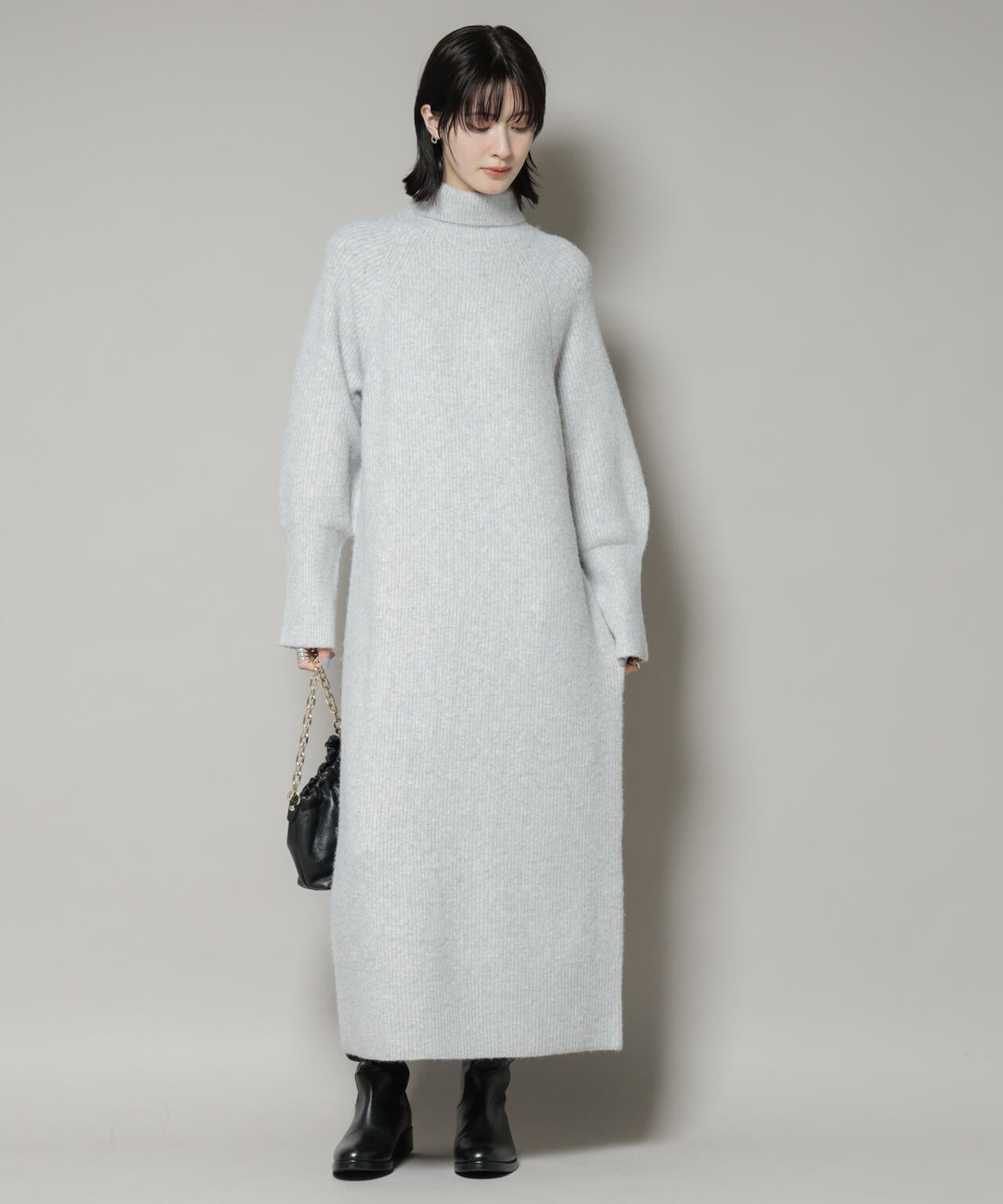 エアリーヤーン 畦編 タートル ニット マキシ ワンピース