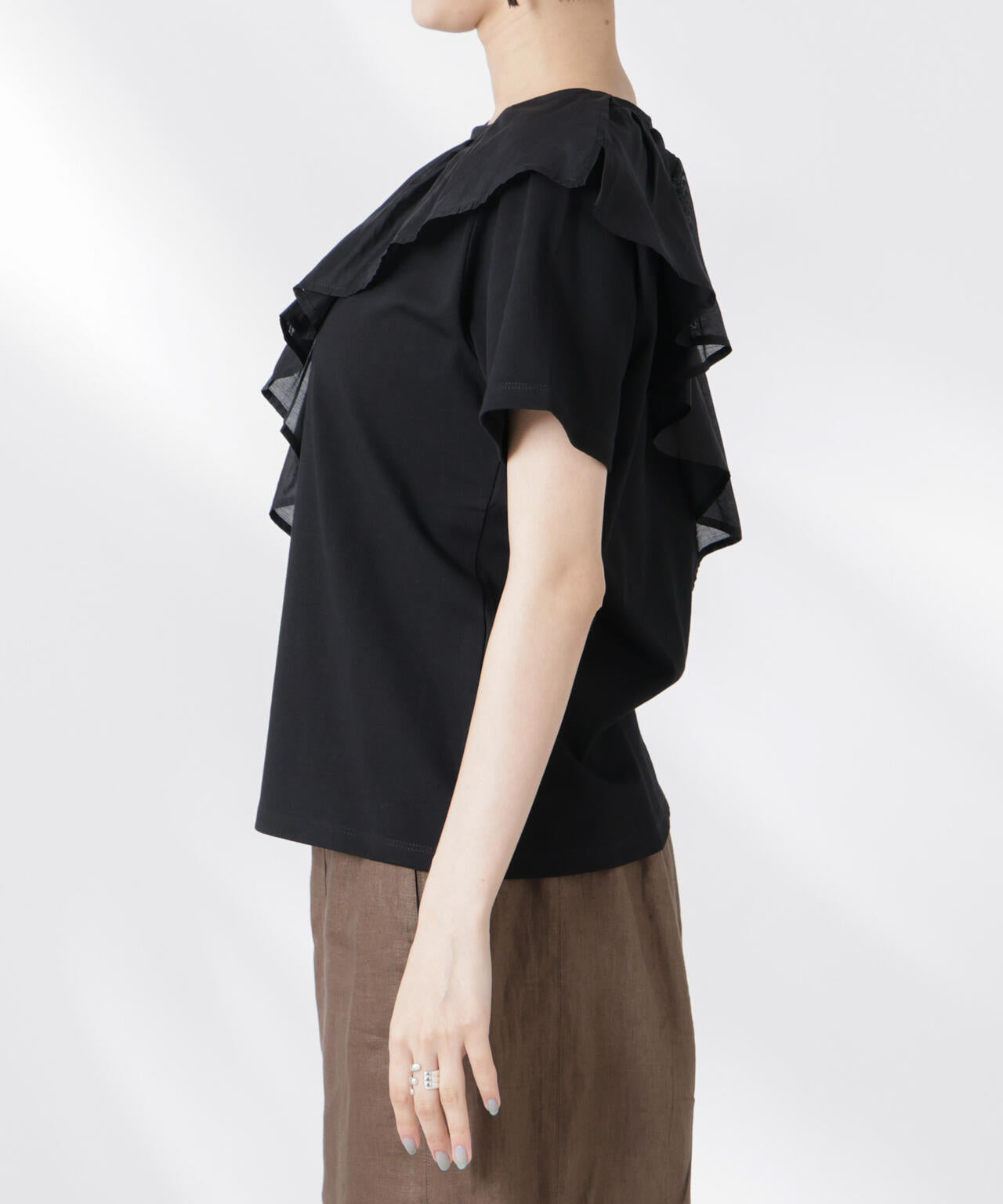 アシンメトリー フリル 異素材 コンビ Tシャツ