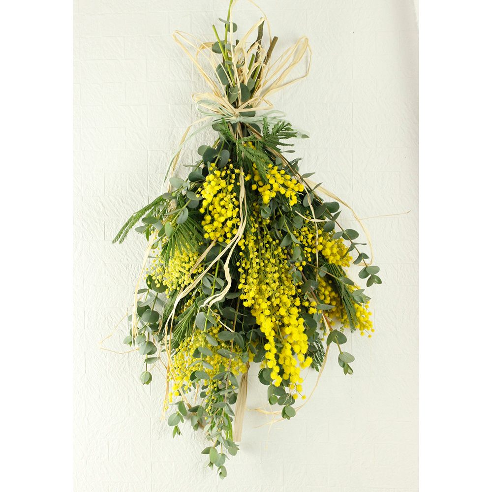 みぃです。もふもふミモザと麻リボンのリース・シフォンリボンのリース 2点 3月の1daylesson 『ミモザのリボンリース』 春を告げるミモザ ふわふわ