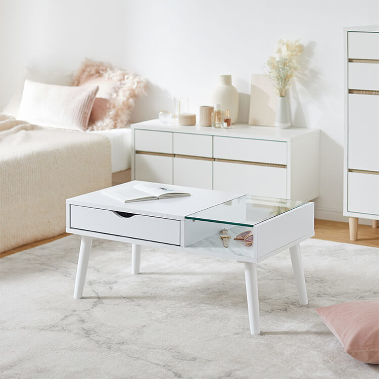 幅79]大理石柄 リビングテーブル 収納付き ガラス天板 | 【公式】LOWYA