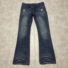 鬼ヒゲ フレア デニム Y2K 00s クラッシュ加工 グランジ ダメージ 濃紺