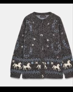 ZARA新作新品完売タグ付馬と蹄鉄柄の長袖ジャガードニットボタン