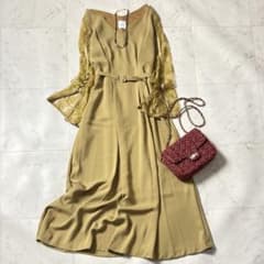 新品同様 アメリ AMERI レーススリーブロングドレス マスタード ベルト