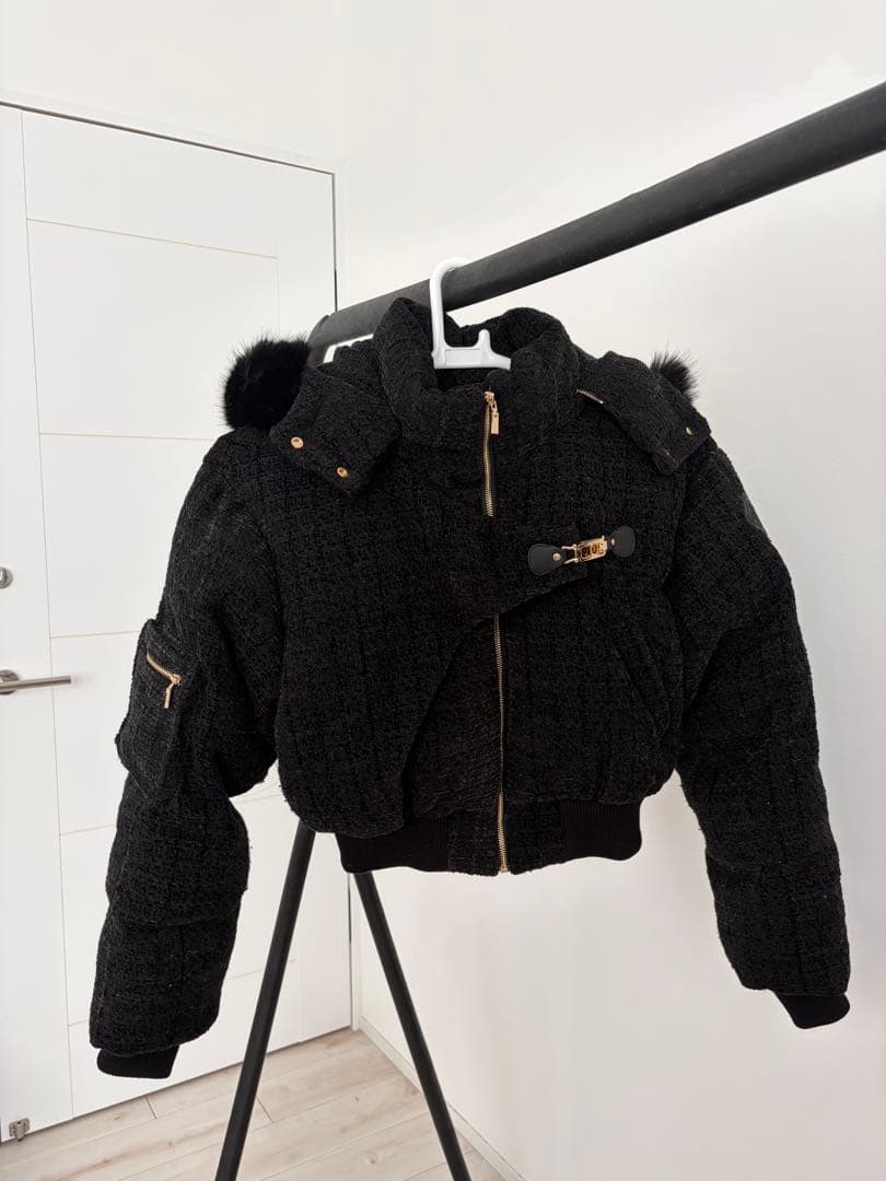 Randy アシンメトリーバックルツイードパデットジャケット ブラック