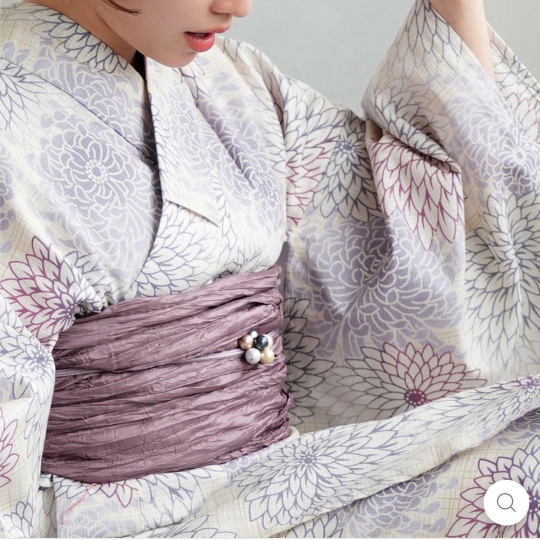 utatane ゆかた 先染め風ベージュに涼しげ糸菊 ➕ 帯(ホワイト) - メルカリ