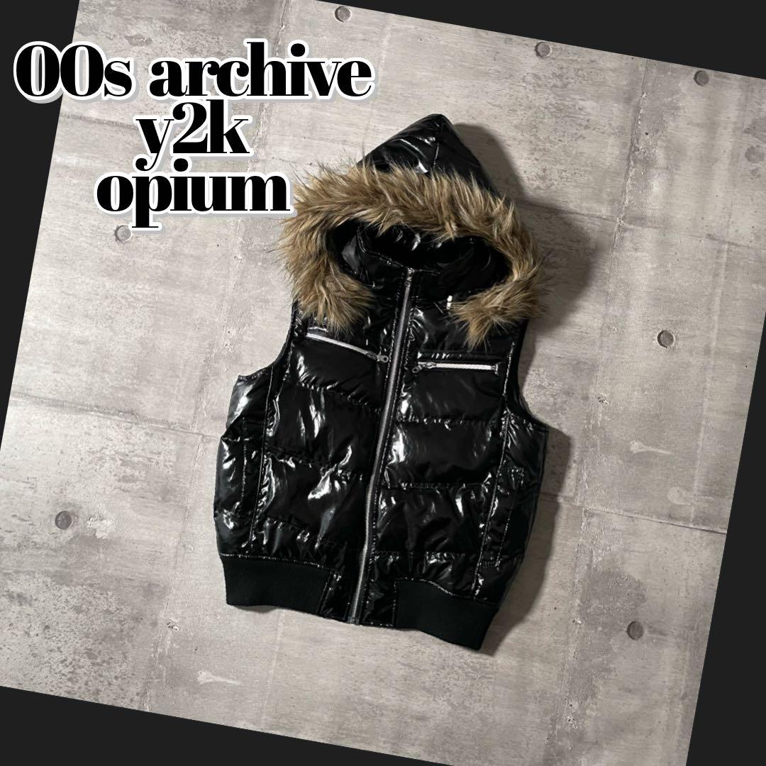 00s アーカイブ ファー付き ダウンベスト 光沢 テカテカ 短丈 平成