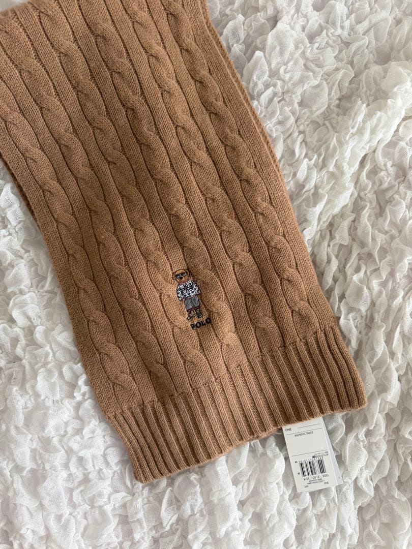 新品タグ付き　Polo Ralph Lauren ベージュ マフラー ポロベア Polo Ralph Lauren マフラー PC1296 テディベア ロゴ刺繍 (POLO RALPH