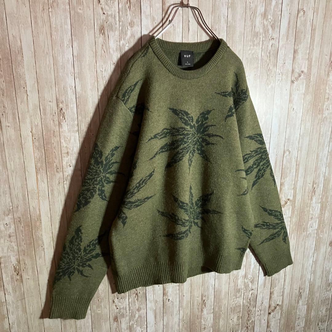 304【美品】HUF ハフ ニットセーター マリファナ柄 大麻柄 カーキ L