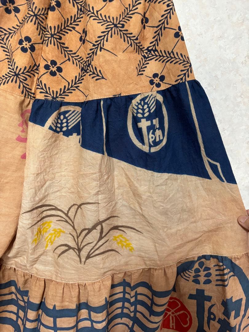 柿渋染め手ぬぐいと浴衣を使った3段ティアードパンツ 金魚 豆絞り