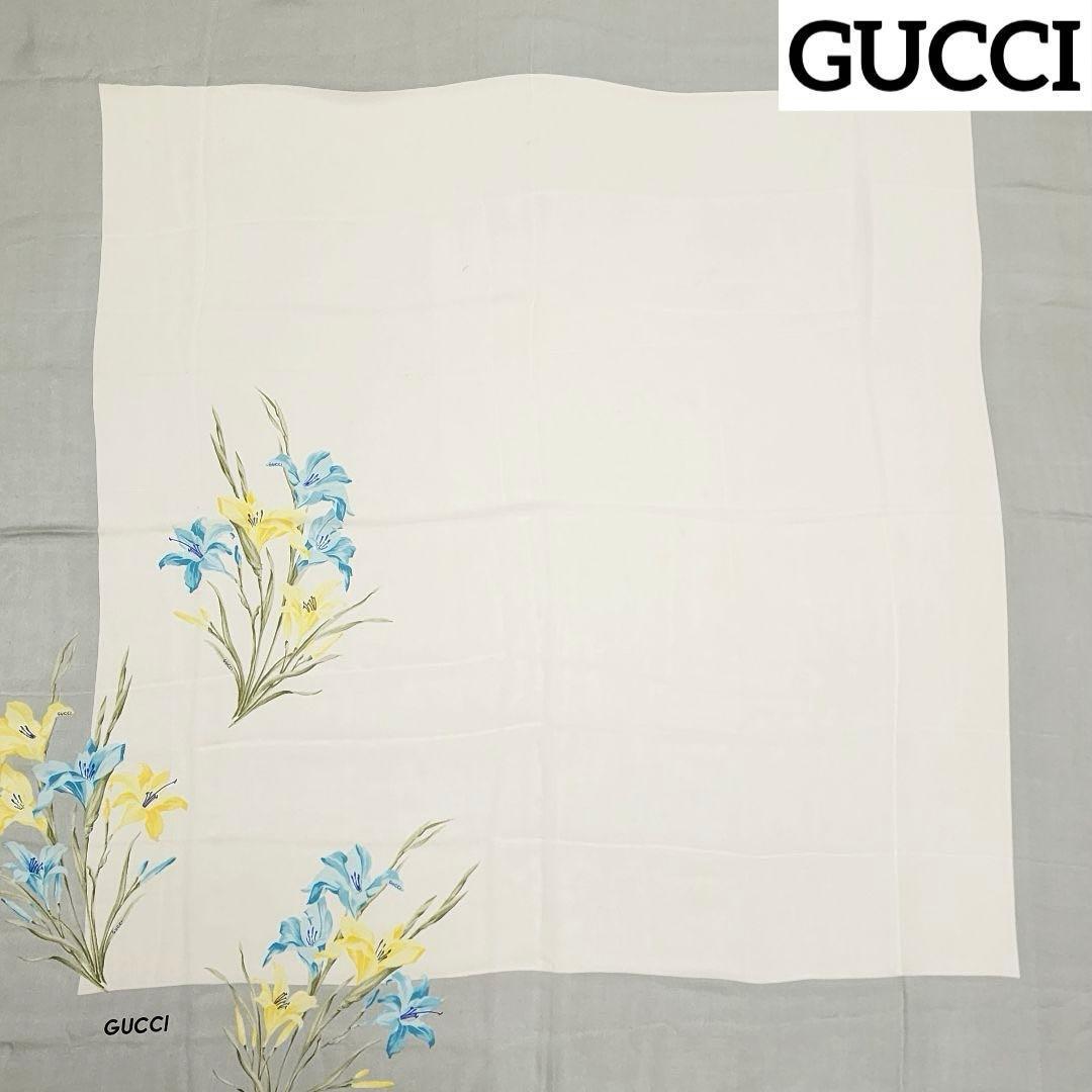 GUCCI グッチ スカーフ 大判 シフォン 花 ロゴ シルク グレー ホワイト