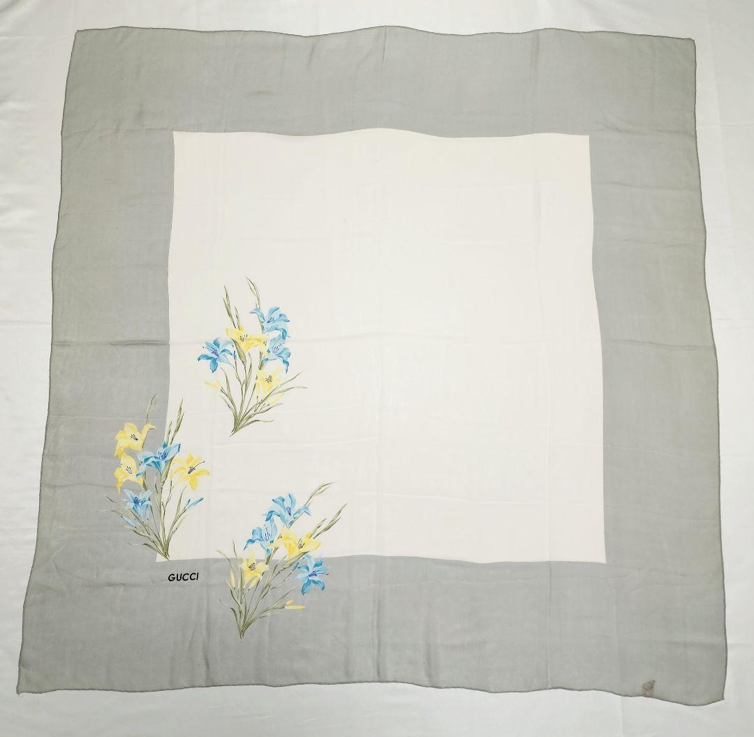 GUCCI グッチ スカーフ 大判 シフォン 花 ロゴ シルク グレー ホワイト