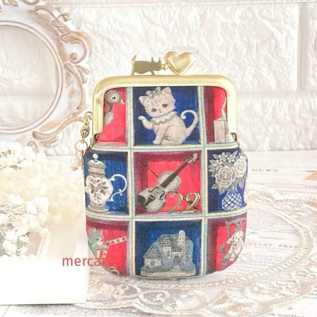 ユキエモンポーチTOYナイトボックス ハンドメイドポーチがま口猫柄navy