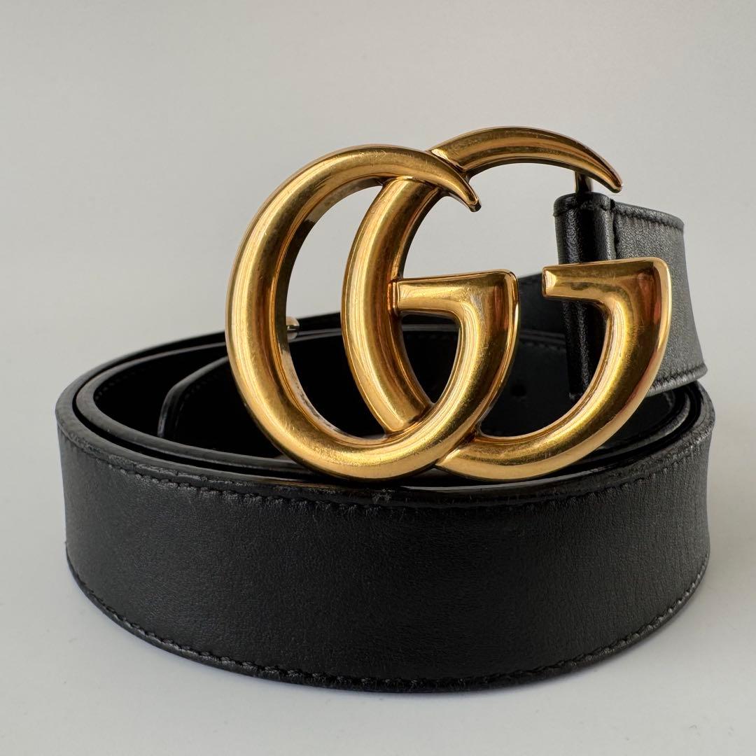 【美品】GUCCI　ベルト　黒　GGマーモント　ゴールド　レザー　ロゴバックル GUCCI（グッチ） ベルト メンズ ブランド GGマーモント レザー