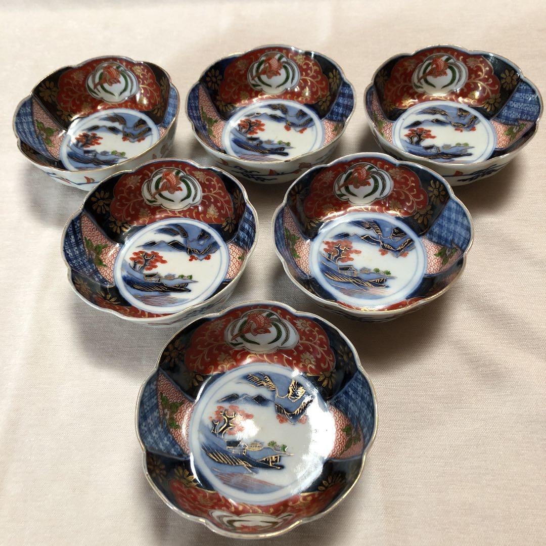 伊万里 アウトレット 上手向付け 明治期 6客 上手の古伊万里色絵舟形皿