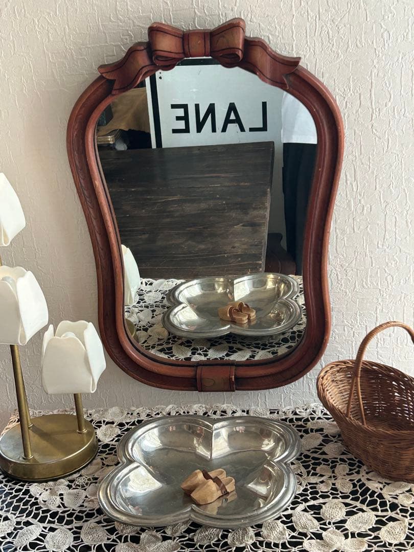 アンティーク ニッカ 壁掛け鏡 リボン ウォールミラー 昭和レトロ