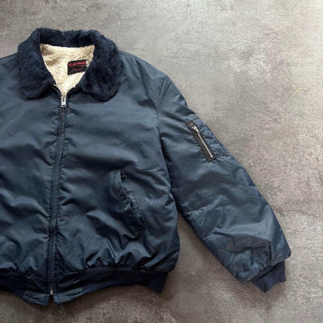 80s MA-1フライトジャケットUSA製紺ネイビー襟ファー短丈アメカジ古着