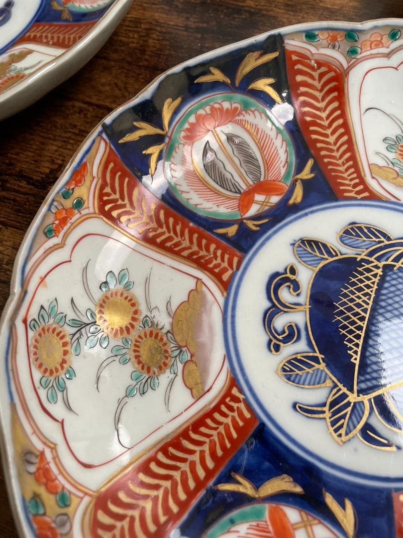 古伊万里　赤絵花図 七寸皿 五客（21.8cm）中皿 大皿 アンティーク