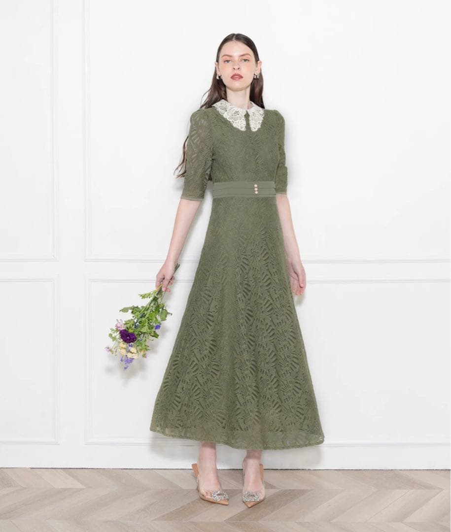 Leja レースビッグカラー花柄刺繍ロングフレアドレスワンピース M