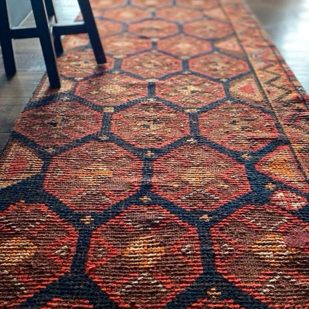 オレンジブラック　超ロングランナーラグ　ヴィンテージラグ　トルコラグ アンティーク ウシャク ラグ、オレンジ ランナー ラグ、ショート