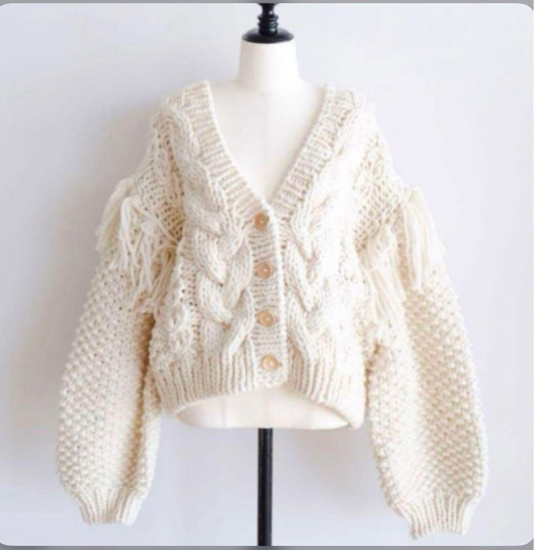 新品　Hand made Wool フリンジVネックカーデ B53022 ブロック切替フリンジVネックカーディガン / Acrylic 5G 4PLY