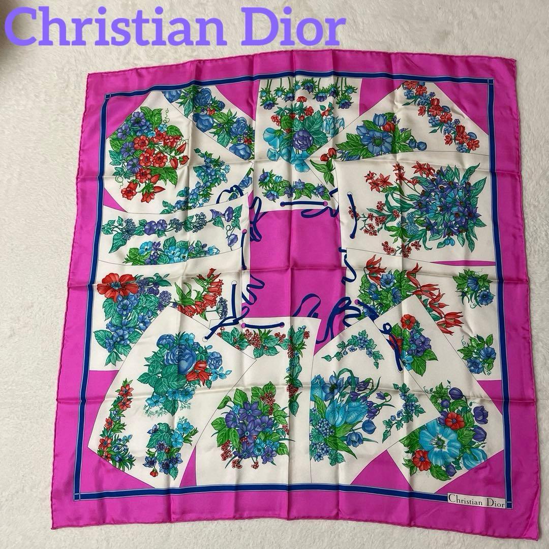 美品 クリスチャンディオール スカーフ シルク 花柄 リボン 白 ピンク